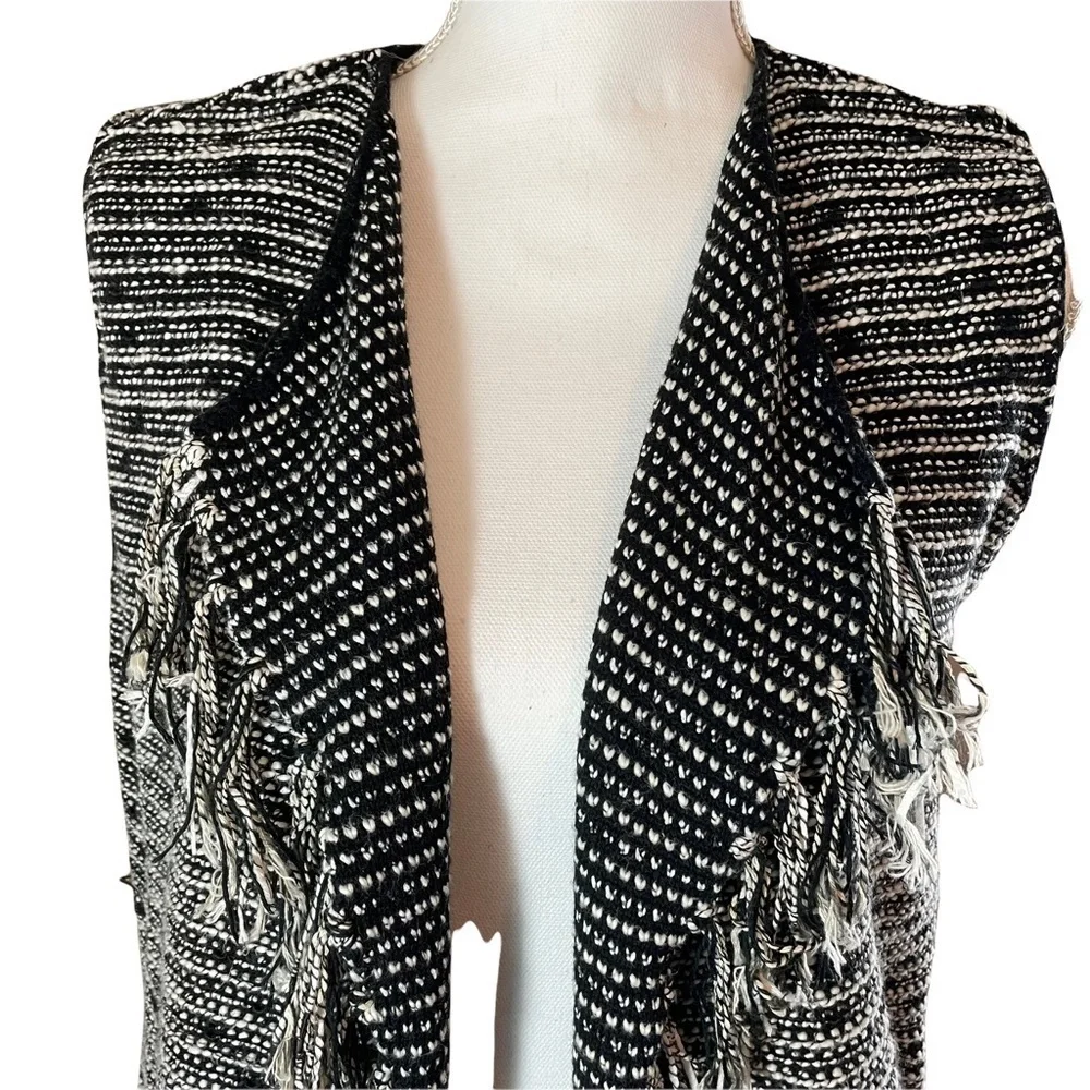 Lysse Fringe Long Cardigan Black & White Sweater Duster Vest with Pockets-S/M